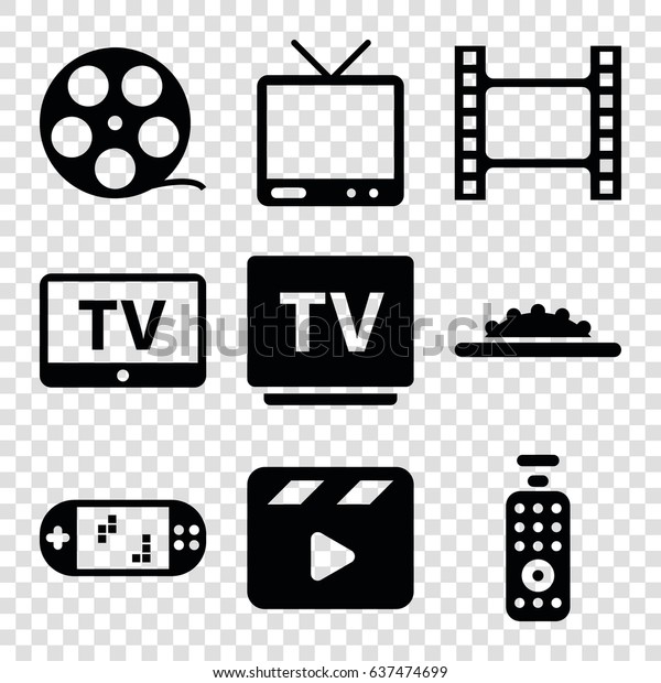 Video icons set. set of 9 video filled icons such as\
tv, movie clapper, camera wheel, remote control, portable game\
console, movie tape