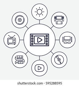 video icons set. Set of 9 video outline icons such as Tv, CD, contrast, TV set, play, dice game, TV system