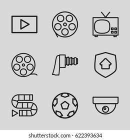 Video icons set. set of 9 video outline icons such as camera zoom, play, home security, security camera, camera tape, movie tape, dice game