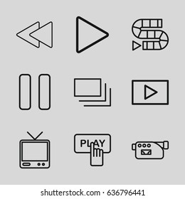 Video Icons Set. Set Of 9 Video Outline Icons Such As Finger Pressing Play Button, Tv, Camera, Play, Pause, Play Back, Burst