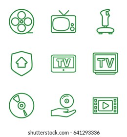 Video icons set. set of 9 video outline icons such as tv, movie tape, cd, cd on hand, home security