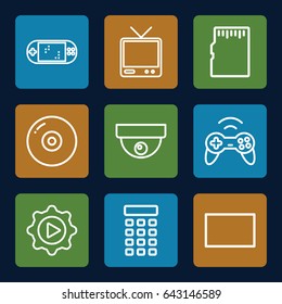 Video icons set. set of 9 video outline icons such as tv, play in gear, burst, intercom, joystick, portable game console, memory card, security camera
