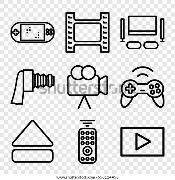 Video icons set. set of 9 video\
outline icons such as camera, eject button, camera zoom, play, tv\
set, remote control, joystick, portable game\
console