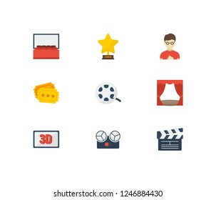 Video icons set. Cinema tape and video icons with cinema, cinema ticket and open clapper. Set of professional for web app logo UI design.