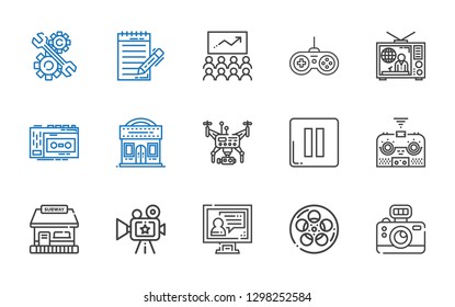 video icons set. Collection of video with camera, film, video call, tickets office, remote control, pause, drone, cinema, recorder, television. Editable and scalable icons.