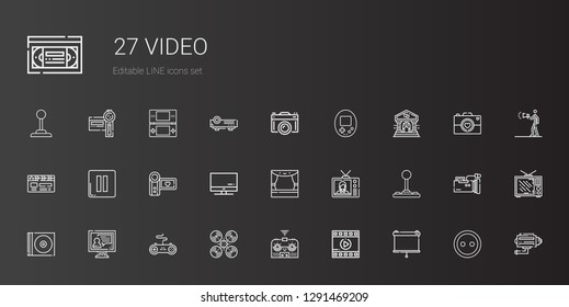 video icons set. Collection of video with projector, film, remote control, drone, gamepad, video call, cd, joystick, television, stage, screen. Editable and scalable icons.