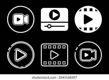 Video icons set design illustration. Camera icon, video camera symbol, movie sign white on black background