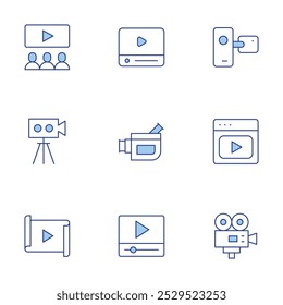 Video icons set. Line Duotone style, editable stroke. player, video production, camera, audience.