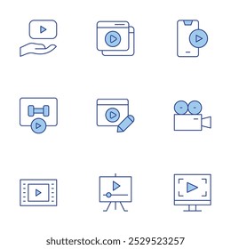 Ícones de vídeo definidos. Linha Duotone estilo, curso editável. editor, jogador, câmera de vídeo, edição, lição, tutorial de vídeo.