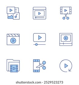 Video Conjunto de iconos. Video Video Línea estilo Duotone, trazo editable. multimedia, #, carpeta, publicidad, edición de películas, aprendizaje en línea.