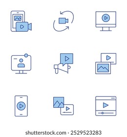 Video Conjunto de iconos. Video Video Línea estilo Duotone, carrera editable. grado, conferencia, contenido, aprendizaje electrónico, hacer, megáfono, multimedia, teléfono inteligente, reproductor.
