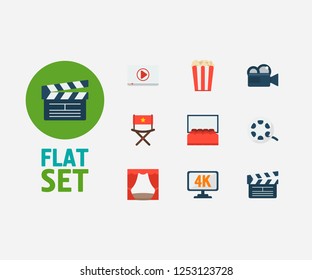 Video icons set. Popcorn and video icons with cinema reel, theater curtain and play video. Set of cinematographic for web app logo UI design.