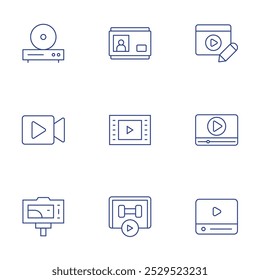 Video icons set. Thin Line style, editable stroke. video console, video door phone, editing, player, recording, tutorial.