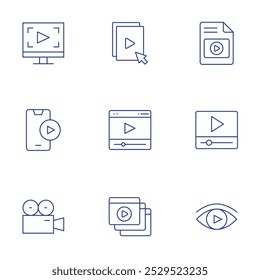 Ícones de vídeo definidos. Thin Line style, editable strom. arquivo de vídeo, player de vídeo, vídeos, ver, editor de vídeo, câmera de vídeo.
