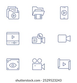 Video icons set. Thin Line style, editable stroke. smartphone, call, camera, files, video folder, player, view.