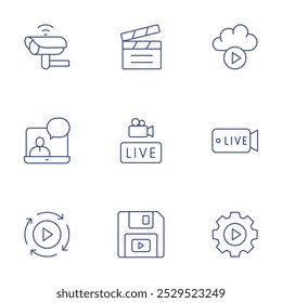 Video Conjunto de iconos. Guardar Estilo de línea delgada, carrera editable. cámara cctv, clapper, nube, portátil, en vivo, procesamiento, Configuraciones.
