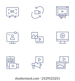 Video Conjunto de iconos. Estilo de línea delgada, trazo editable. Video 4K, grado, anuncios, conferencia, contenido, aprendizaje electrónico, hacer, megáfono, multimedia.
