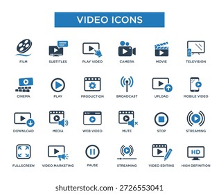 Video Conjunto de iconos Vector. Perfecto para UI UX, App, Sitios web, dashboards, presentaciones e infografías multimedia.