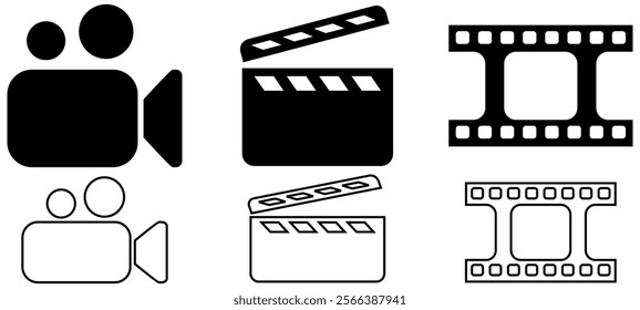 Video icons. shooting set icon. Film shooting, camera, old film, clapboard symbol for app, website, design element. movie concept. vector illustration on transparent background