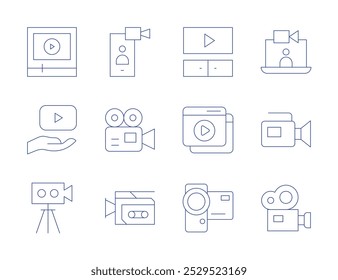 Video iconos. Video Video Estilo de línea delgada, trazo editable. reproductor, llamada, cámara.