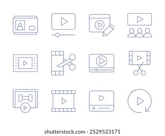 Video iconos. Video Video Estilo de línea delgada, carrera editable. teléfono de la puerta, edición, jugador, tutorial, publicidad, audiencia, edición de películas, multimedia, aprendizaje en línea.