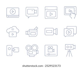 Ícones de vídeo. Estilo de linha fina, traço editável. câmera de vídeo, player de vídeo, vod, chamada, lição, tablet, bate-papo.