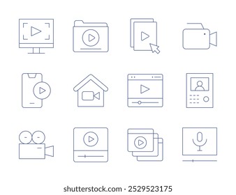 Ícones de vídeo. Thin Line style, editable strom. file, player, videos, editor de vídeo, câmera de vídeo, câmera, home, intercomunicador, play, podcast, pasta.