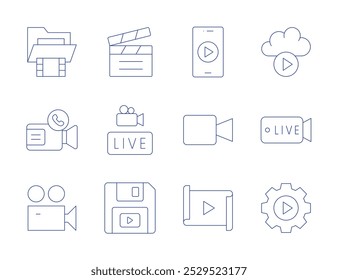 Video icons. Thin Line style, editable stroke. smartphone, call, video camera, folder, clapper, cloud, live, save, settings.