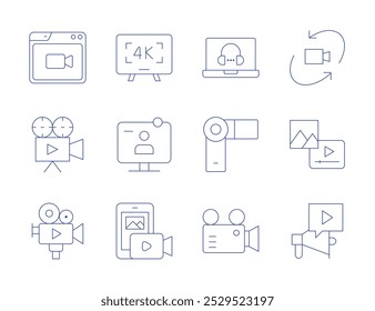 Video icons. Thin Line style, editable stroke. 4K , degree, conference, content, make video, megaphone, video call, video camera.