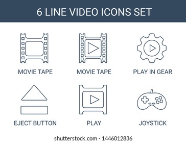video icons. Trendy 6 video icons. Contain icons such as movie tape, play in gear, eject button, play, joystick. video icon for web and mobile.