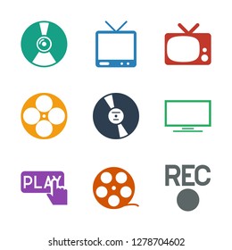 video icons. Trendy 9 video icons. Contain icons such as rec, camera tape, Finger pressing play button, TV, CD, movie tape. video icon for web and mobile.