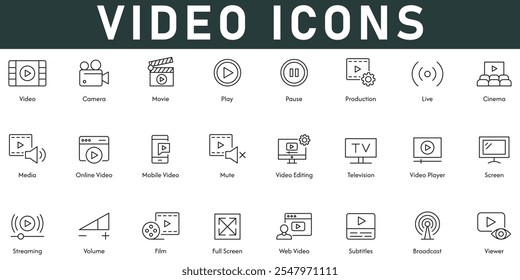 Video La Ilustración vectorial Video de iconos con trazo editable de línea delgada contiene producción de películas de cámara reproducción de cine en vivo multimedia edición de pantalla de televisión transmisión de Web Video subtítulos visor