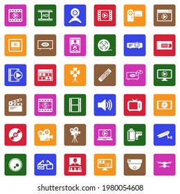 Video Icons. White Flat Collection In Square. Vector Illustration.