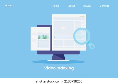 Informe de indexación de vídeo sobre análisis, Índice de contenido de vídeo del motor de búsqueda - plantilla de página de inicio de ilustración vectorial de diseño plano