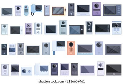 Video intercom icons set cartoon vector. Door phone. Bell alarm button