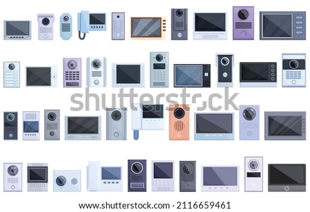 Video intercom icons set cartoon vector. Door phone. Bell alarm button