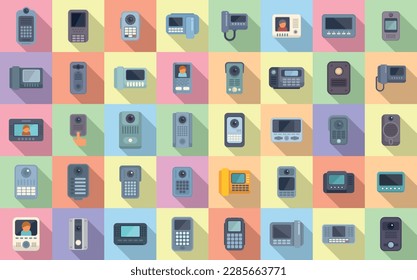 Video intercom icons set flat vector. Door phone. Bell alarm