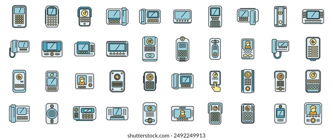 Video intercom icons set outline vector. Door phone. Bell alarm thin line color flat on white