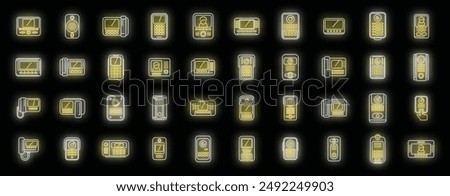 Video intercom icons set outline vector. Door phone. Bell alarm neon color on black