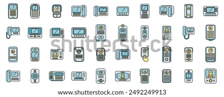 Video intercom icons set outline vector. Door phone. Bell alarm thin line color flat on white