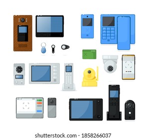 Video intercom on-door communication equipment for house set. Security camera, voice speaker, magnet key and keypad, access display panel, telephone vector illustration isolated on white background