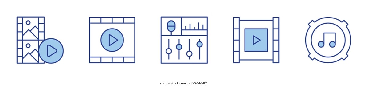 video, interface, sound system, edit. Multimedia Icon vector illustration. Line Duotone style. Editable stroke.