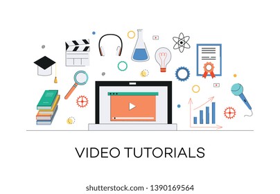 Video and internet marketing tutorials concept. Media learning, web education through internet video marketing and tutorials. Laptop with play icon and other media elements, vector flat illustration.