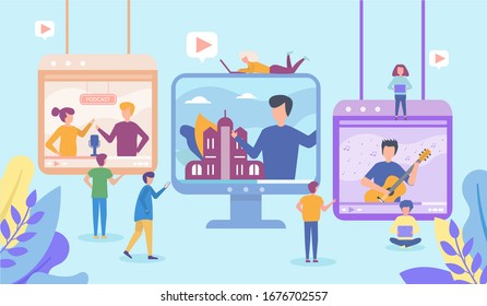 Video in internet online vector illustration of young people using laptop and tablet to watch live video streaming, social media technologies. Mini people and multimedia, televison.