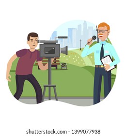 Video Interview. City Background. Man in Business Clothers. Television Studies Report. Videographer with Camera. Filming on Street. Journalist in Center of Events. Watch Camcorder. Vector Illustration