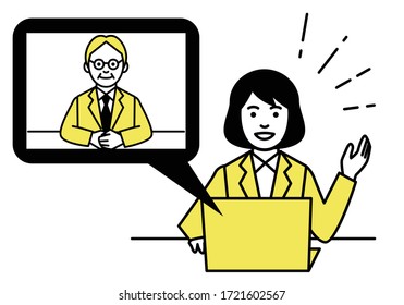 video interview on laptop computer. Vector illustration.