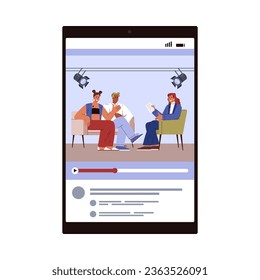 Video with interview playing on phone or tablet, flat vector illustration isolated on white background. Journalist interview or TV show. Reporter talking with guests.
