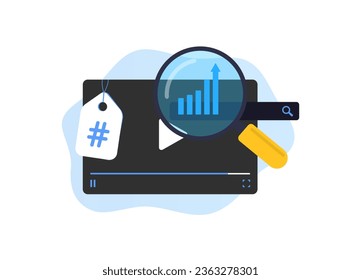 Concepto de Investigación de palabras clave de vídeo. Optimizar el contenido de los medios de canal de vídeo para el motor de búsqueda. Encuentra las palabras clave y etiquetas más populares. Ilustración del vector aislada en fondo blanco con iconos
