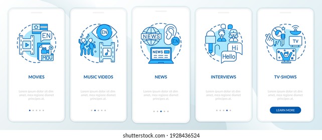Video for language learning onboarding mobile app page screen with concepts. Movies, newspapers, interviews walkthrough 5 steps graphic instructions. UI vector template with RGB color illustrations