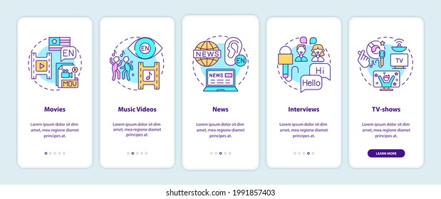 Video for language learning onboarding mobile app page screen with concepts. Movies, music, news, tv-shows walkthrough 5 steps graphic instructions. UI vector template with RGB color illustrations